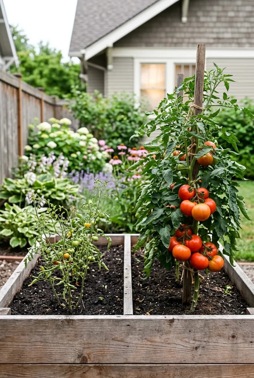 A visual comparison showing how one well-spaced tomato plant yields more fruit than three overcrowded plants in a raised bed.