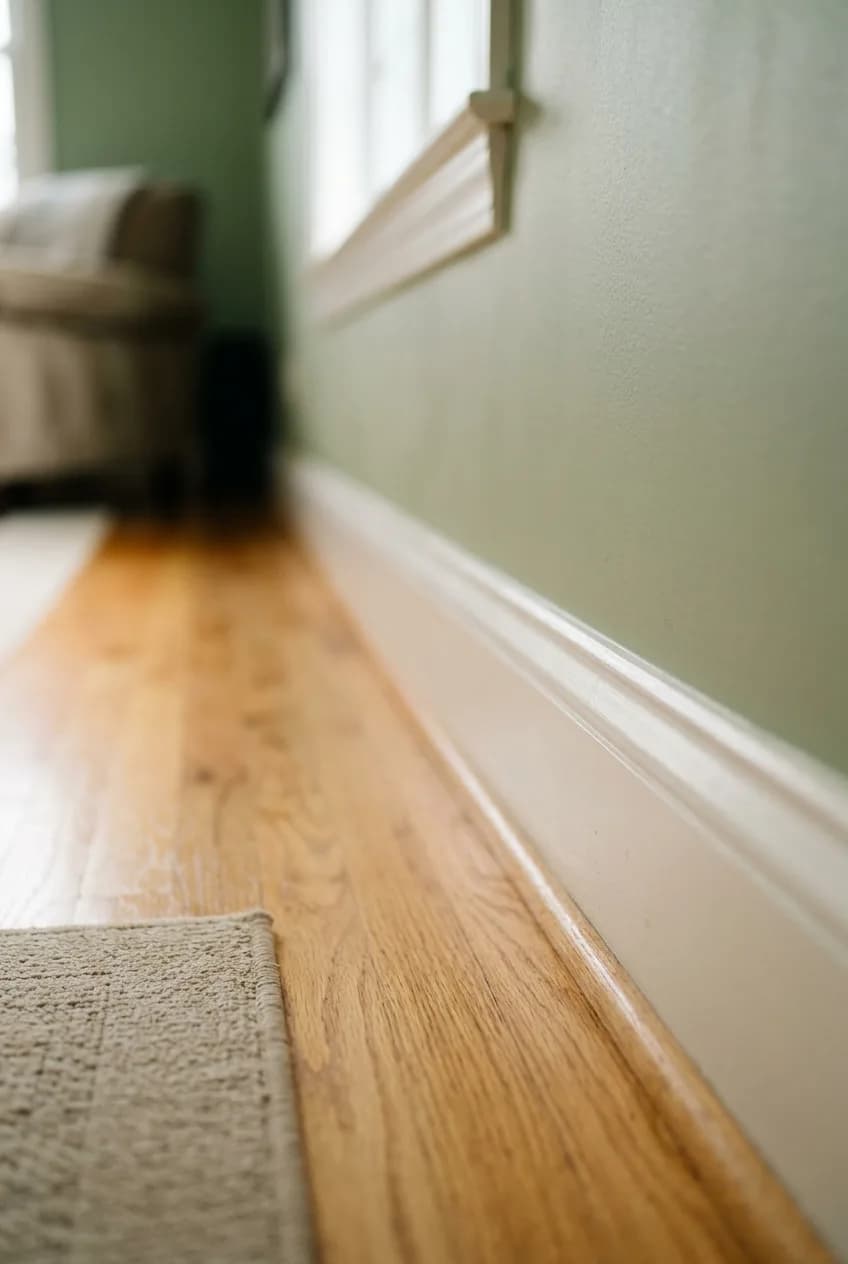 A guide to paint undertones shows a soft sage green wall color harmonizing perfectly with warm honey oak wood floors.