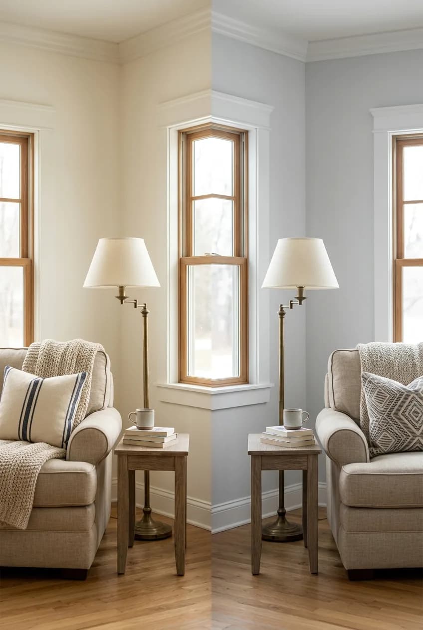 An example of paint undertones showing a room with a warm off-white wall versus the same room with a cool light gray wall to illustrate mood.