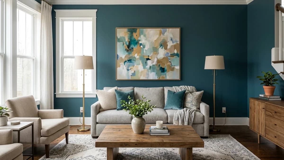 An example of a successful accent wall where a deep teal wall behind a gray sofa creates a beautiful focal point in a living room.