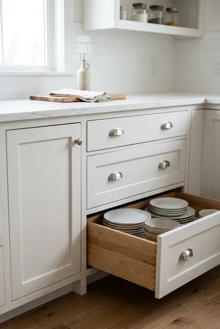 Smart storage tip from a guide to planning a small kitchen layout: a deep drawer base cabinet neatly holds stacked dishes.