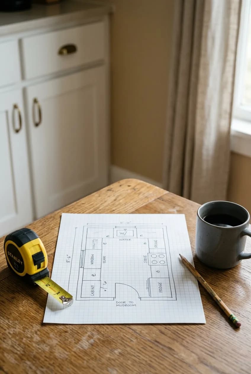 Part of a beginner's guide to planning a small kitchen layout: a hand-drawn floor plan on graph paper with a measuring tape.