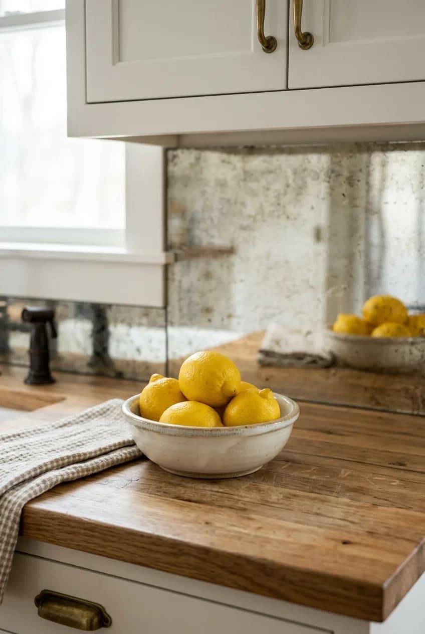 A design trick for planning a small kitchen layout: an antiqued mirror backsplash reflects lemons on the counter, making the space feel bigger.