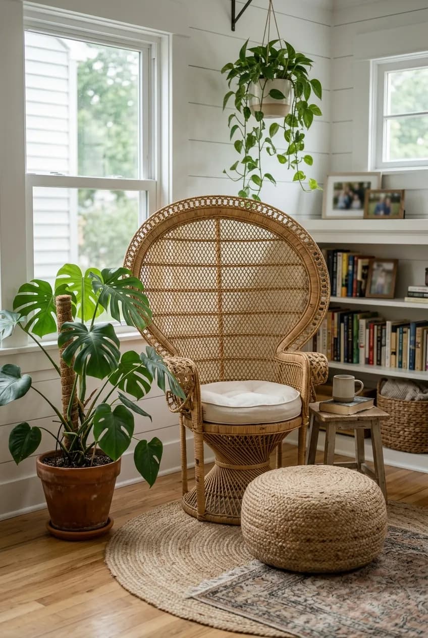 A biophilic reading nook featuring a rattan accent chair surrounded by numerous houseplants in terracotta and ceramic pots.