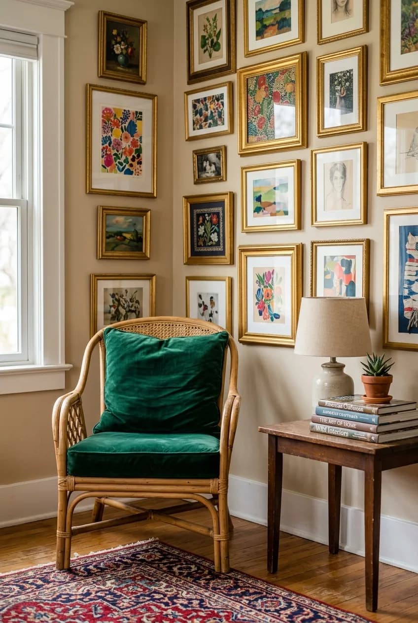 An eclectic living room with a rattan accent chair styled with a jewel-toned cushion next to a vibrant gallery wall.