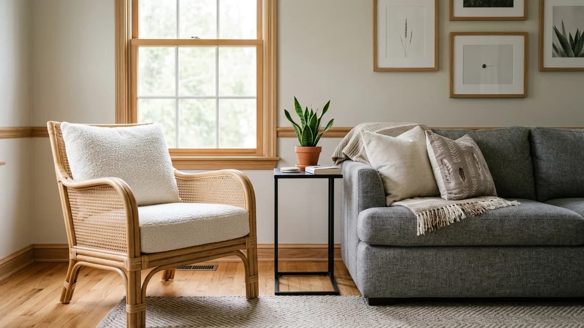 A sophisticated living room featuring several rattan accent chair styling ideas, with the chair next to a modern sofa and elegant decor.