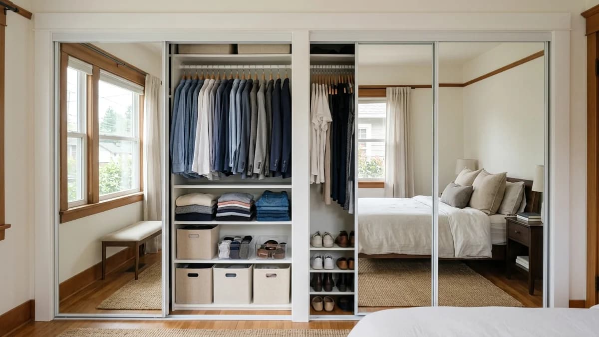 A comparison of a walk in closet vs reach in closet, showing a beautifully organized reach-in with mirrored doors that make the small bedroom feel spacious.