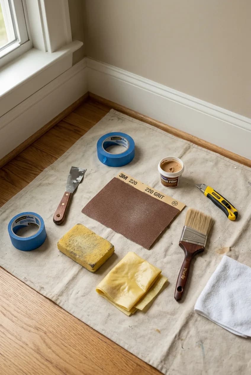 The correct tools for sanding between coats of paint: a sheet of 220-grit sandpaper, a sanding sponge, and a tack cloth.