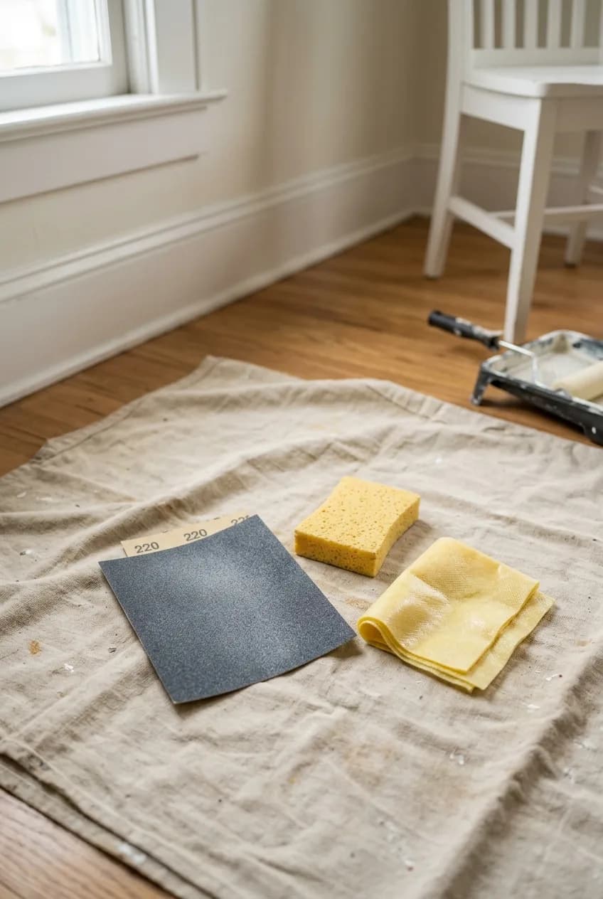 The correct tools for sanding between coats of paint: a sheet of 220-grit sandpaper, a sanding sponge, and a tack cloth.