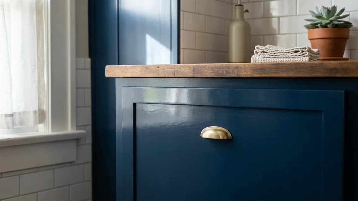 A perfectly smooth, deep blue cabinet door showing the ideal result of when to sand between coats of paint for a flawless finish.