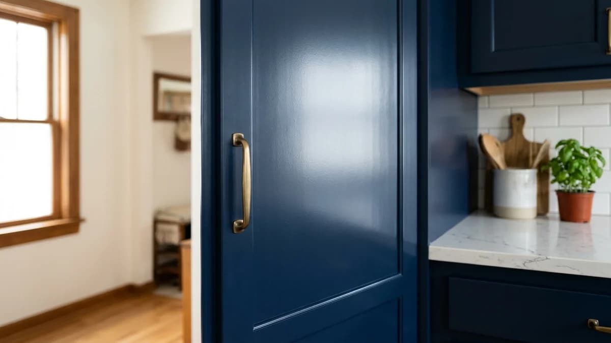 A perfectly smooth, deep blue cabinet door showing the ideal result of when to sand between coats of paint for a flawless finish.