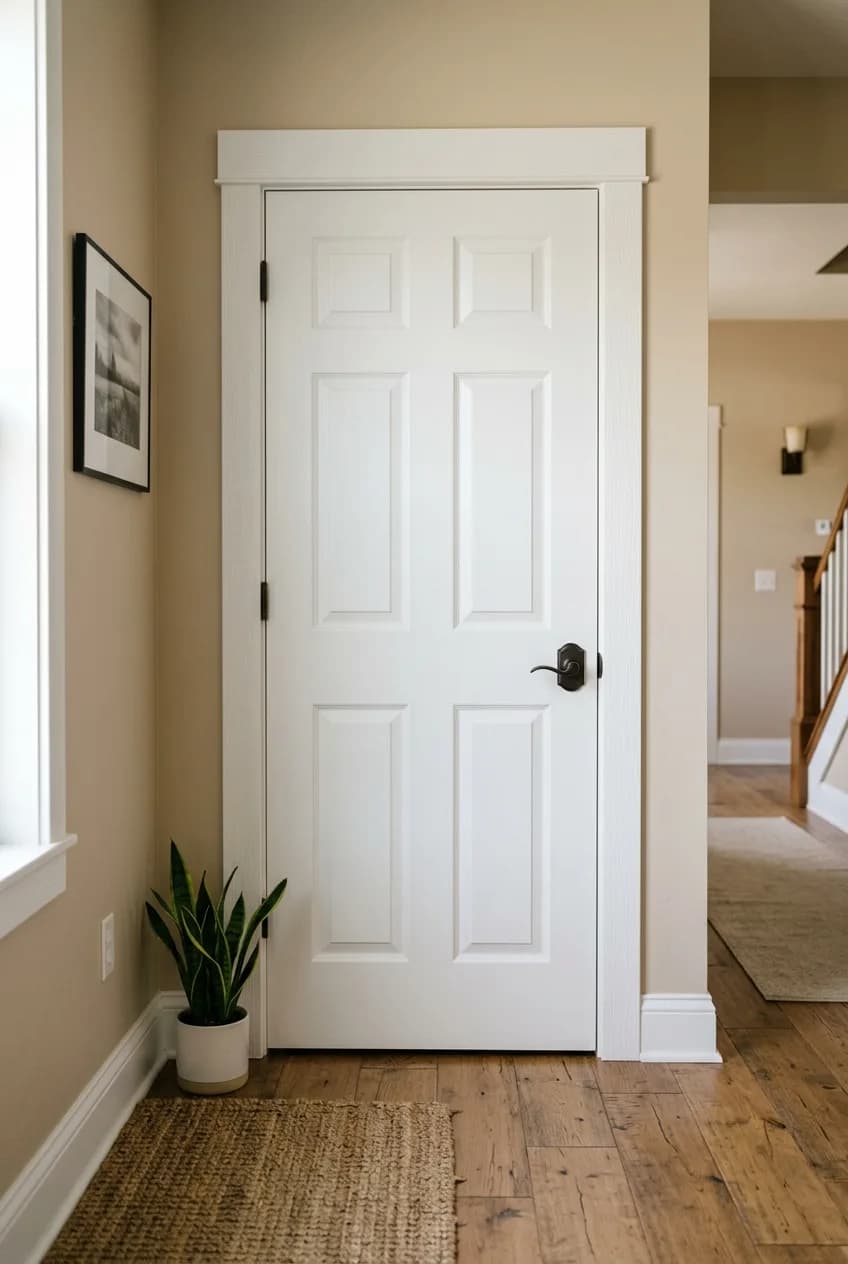 A close-up on a smooth, professionally painted white interior door, illustrating the importance of sanding between coats on high-touch surfaces.