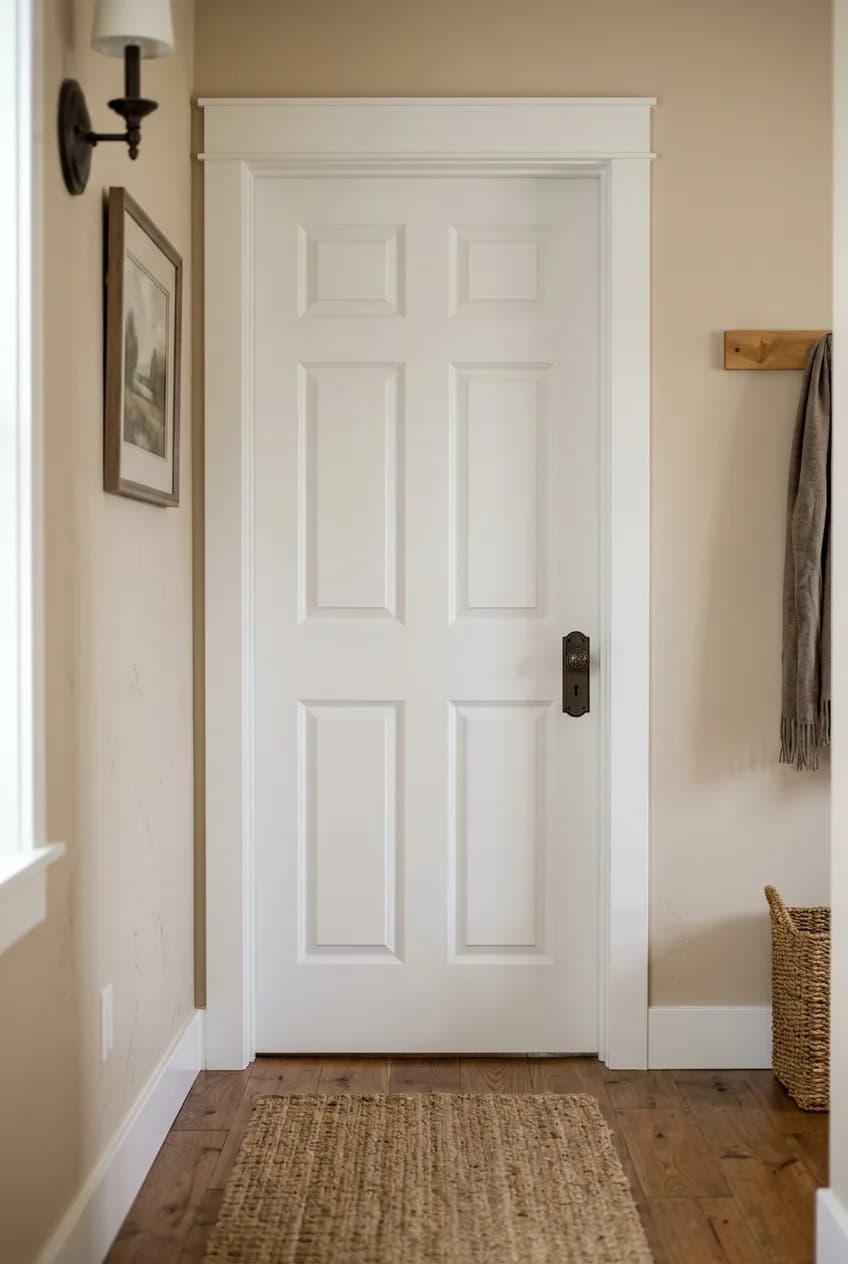 A close-up on a smooth, professionally painted white interior door, illustrating the importance of sanding between coats on high-touch surfaces.