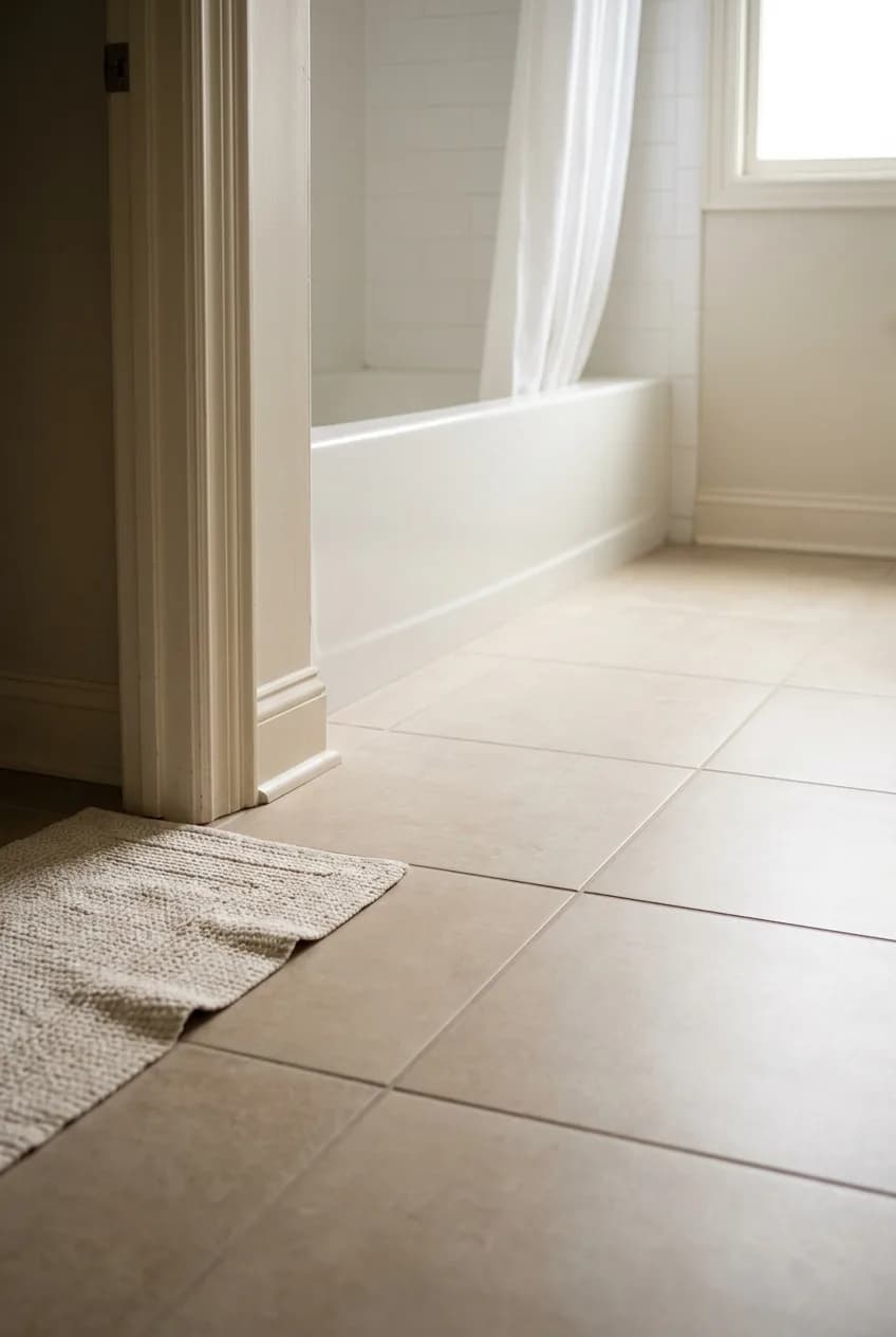 Large-format bathroom floor tiles with matching grout, a technique to use when your small bathroom still feels cramped due to visual noise.