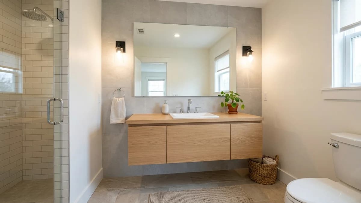 A small bathroom that still feels spacious, showcasing why decluttering isn't enough; it features a floating vanity and large mirror to create an open feel.