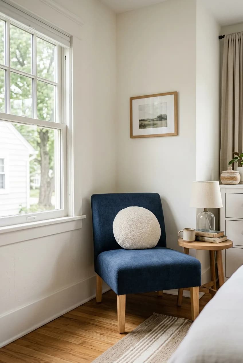A compact slipper chair, a key piece of furniture when you need to fit a reading nook into a small bedroom.