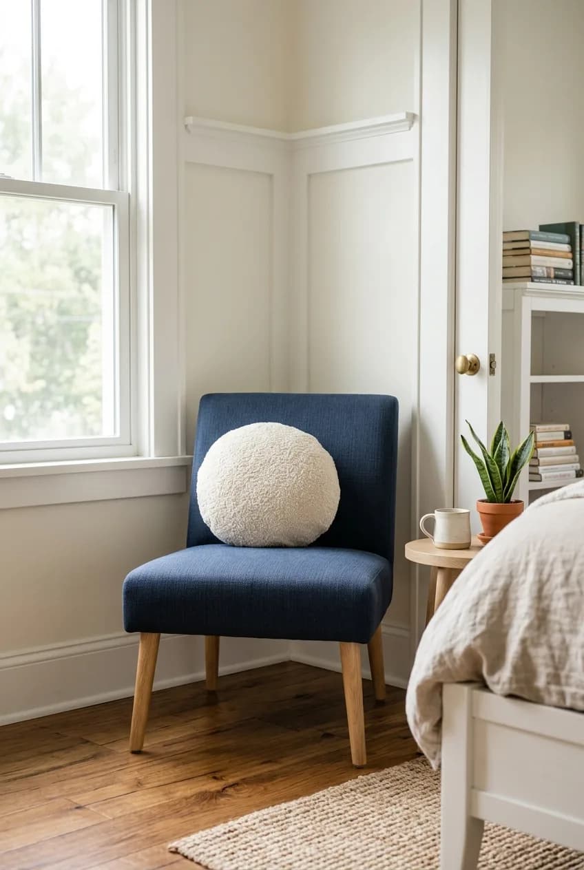 A compact slipper chair, a key piece of furniture when you need to fit a reading nook into a small bedroom.