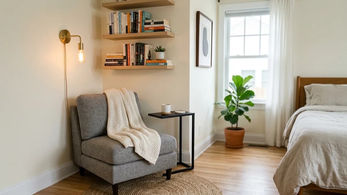 A finished example of how to fit a reading nook into a small bedroom, with a compact chair, wall sconce, and floating shelves.