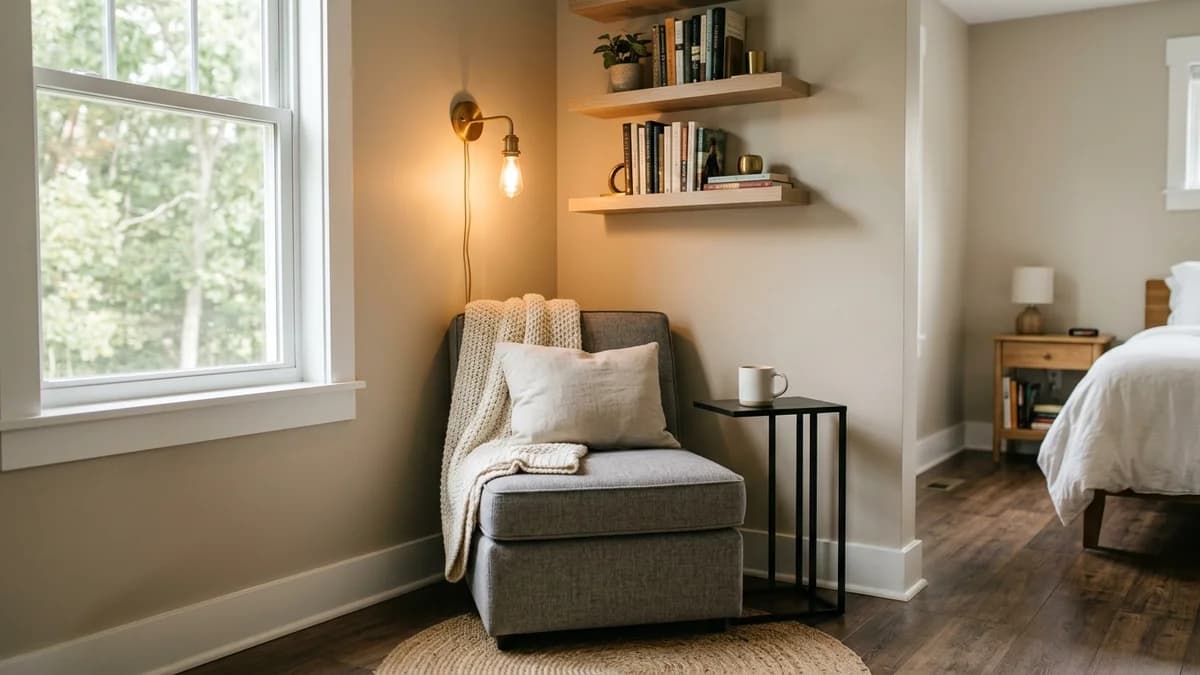 A finished example of how to fit a reading nook into a small bedroom, with a compact chair, wall sconce, and floating shelves.
