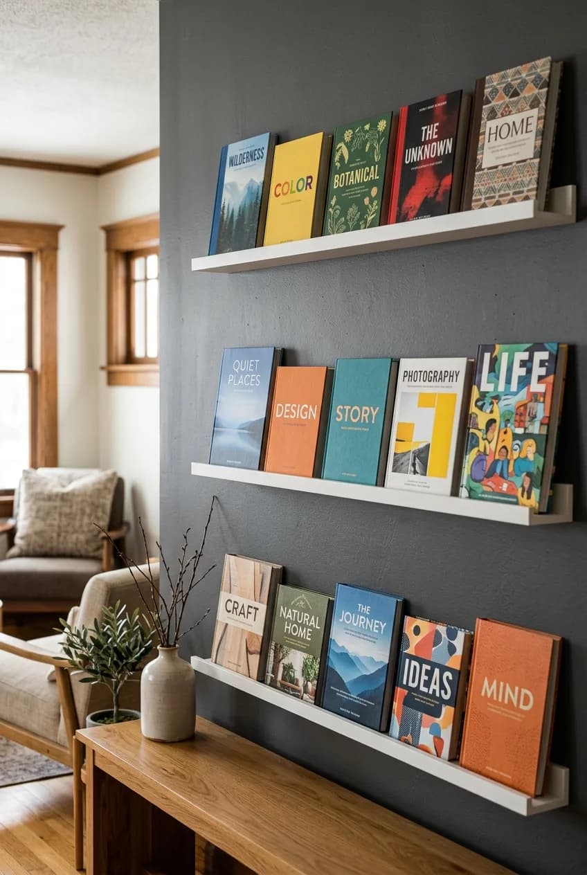 Picture ledges used as smart book storage, an idea for how to fit a reading nook into a small bedroom without clutter.