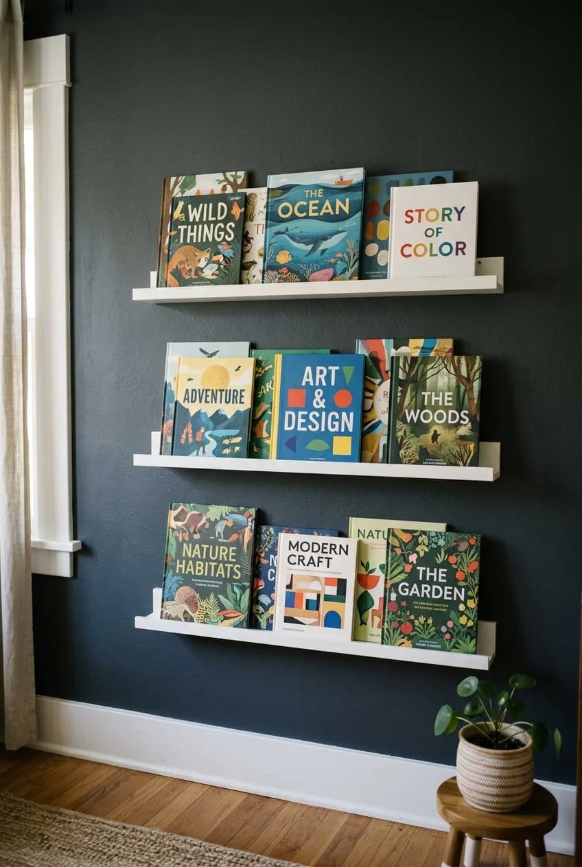 Picture ledges used as smart book storage, an idea for how to fit a reading nook into a small bedroom without clutter.