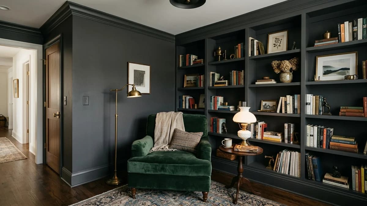 An example of what to know before you paint a small dark room: a cozy den painted in a deep charcoal gray on the walls and trim to create a sophisticated jewel-box effect.