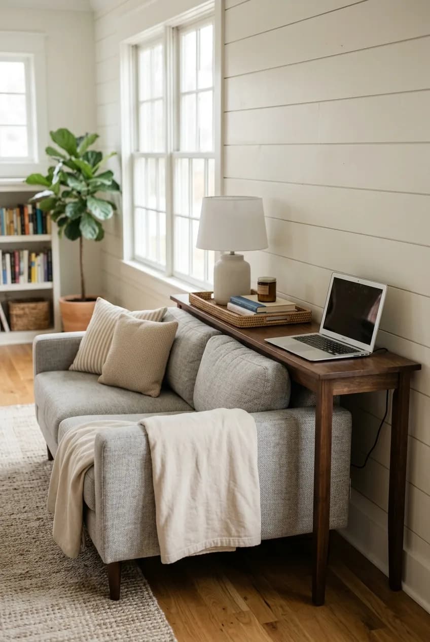 A multi-functional small home office nook idea using a console table placed behind a sofa in a living room.