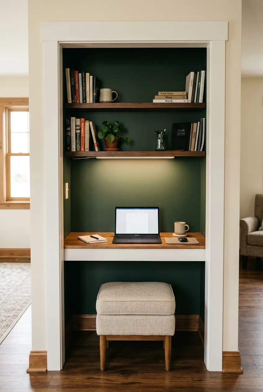 A small home office nook idea inside a converted closet, known as a 'cloffice', with a desk, shelving, and task lighting.
