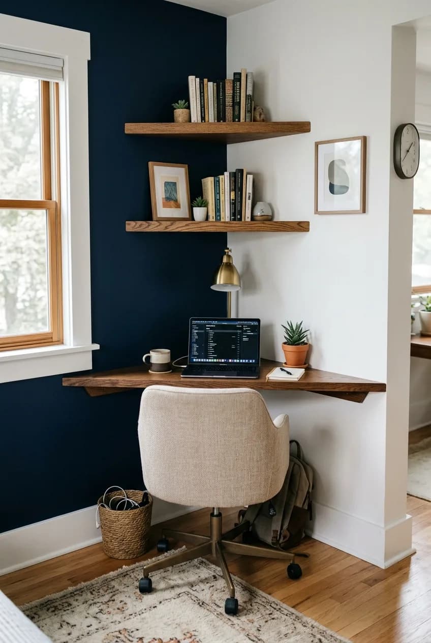 An apartment corner transformed into a small home office nook with a triangle desk and shelves, defined by a dark accent color.
