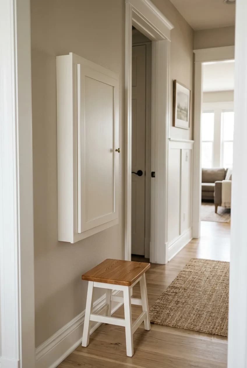 A space-saving small home office idea for a hallway, showing a sleek, wall-mounted fold-down desk in its closed position.