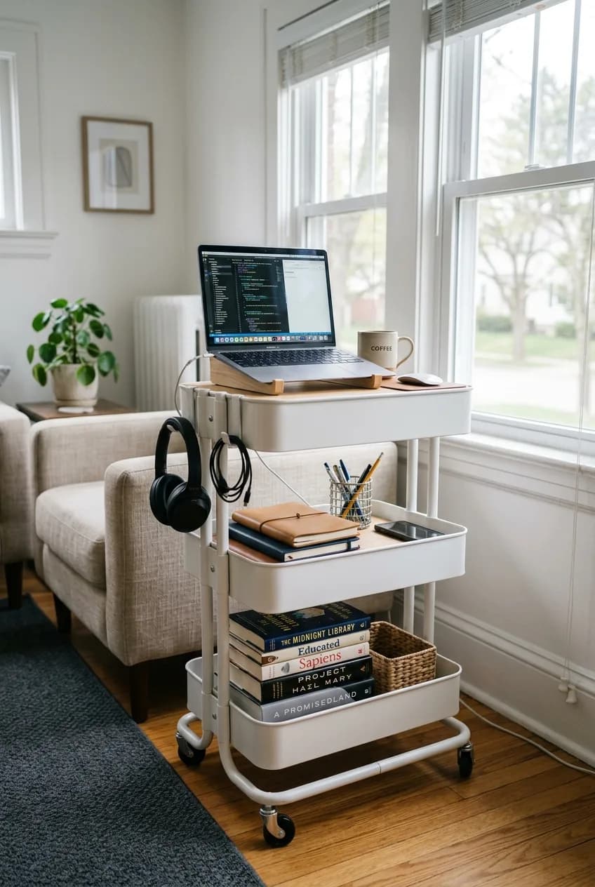 A mobile small home office nook idea featuring a rolling utility cart equipped with a laptop and office supplies.