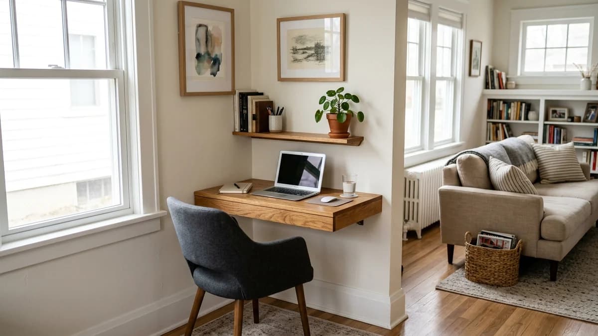 A stylish small home office nook idea for an apartment, featuring a clean, wall-mounted desk and chair tucked into a living room corner.