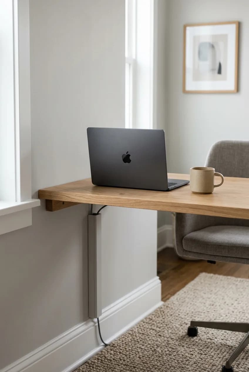 A minimalist small home office nook featuring a wall-mounted floating desk to save floor space in an apartment.