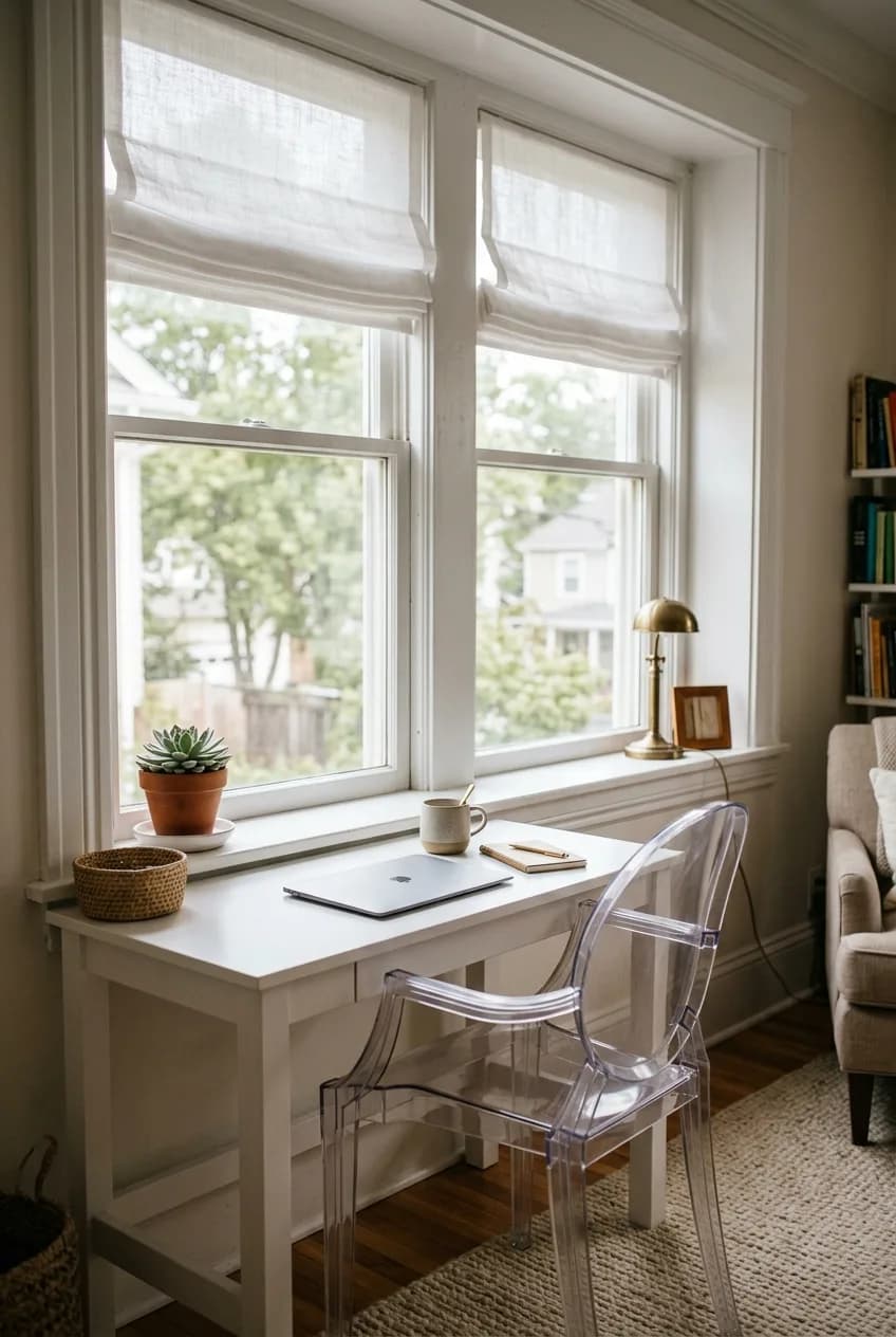 A bright small home office nook created with a desk in a window recess, paired with a clear acrylic chair to maximize light.