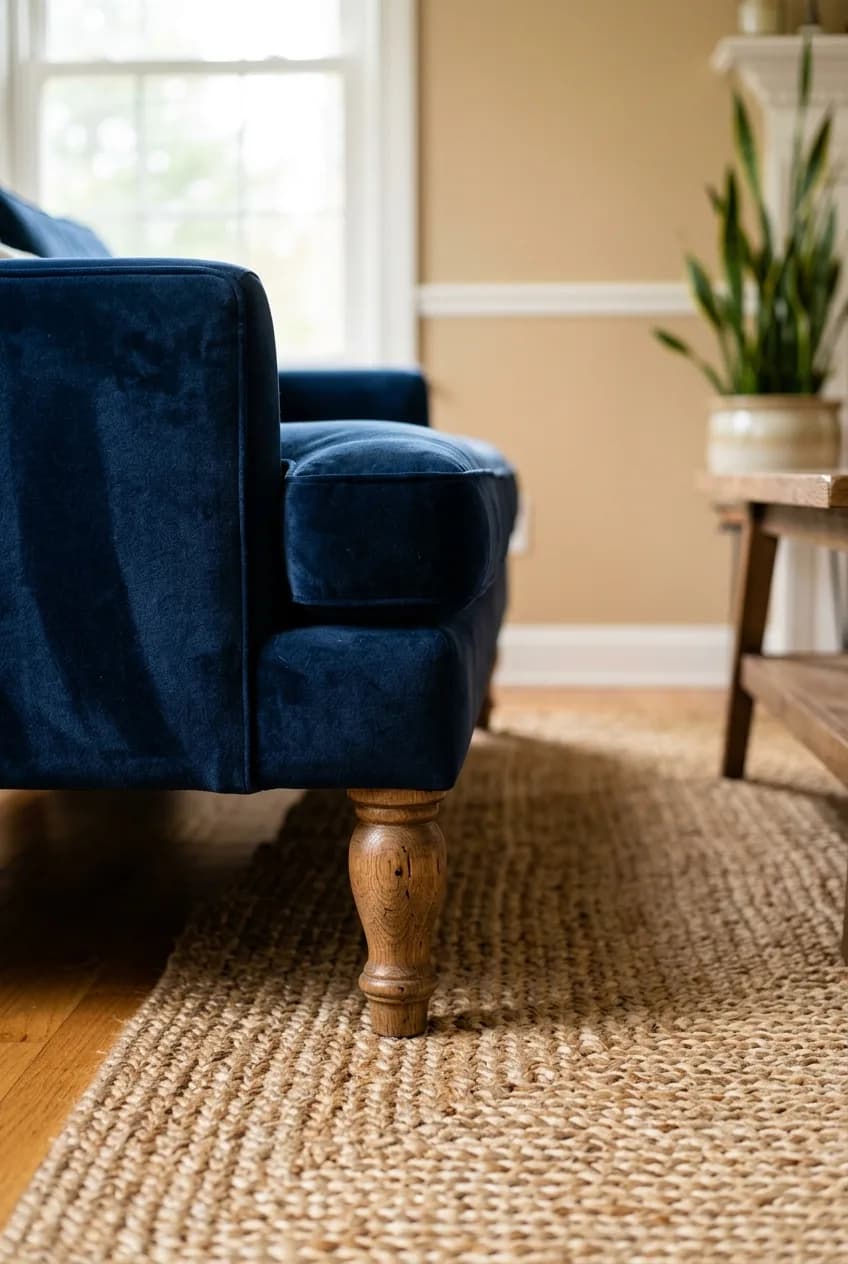 An example of the 'front legs on the rug' rule for an area rug in a small living room, showing correct furniture placement.