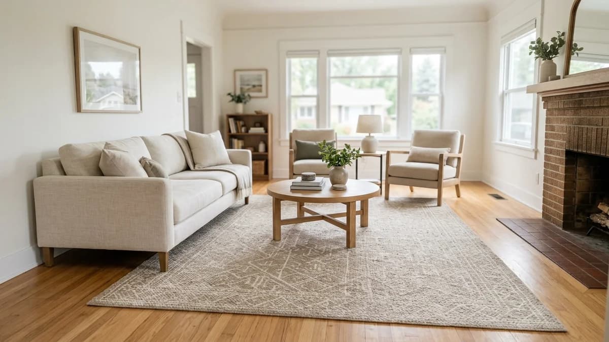 A small living room made to feel larger with a perfectly sized area rug anchoring the seating area, contrasting with the wall-to-wall carpet alternative.
