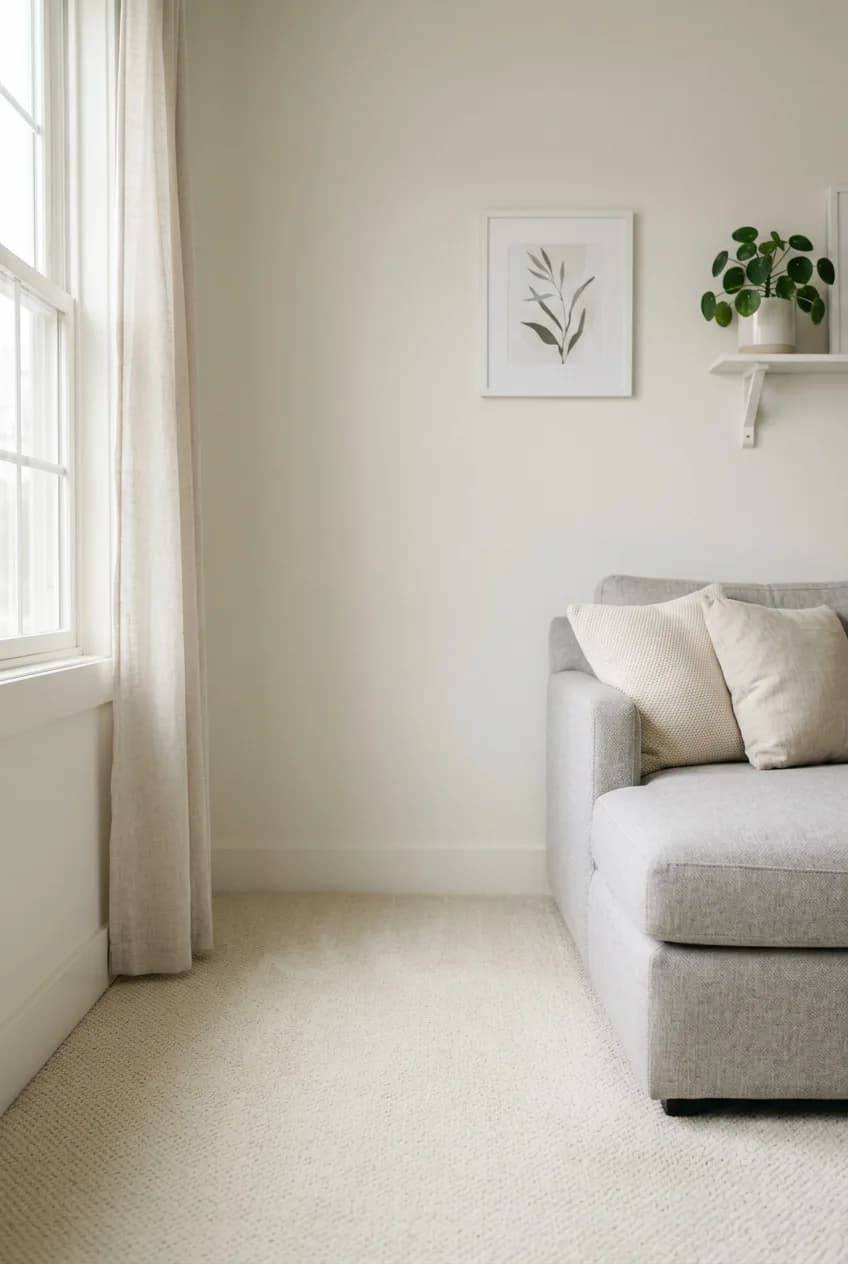 Light-colored wall-to-wall carpet in a small living room, demonstrating how a seamless floor can make the space feel bigger.