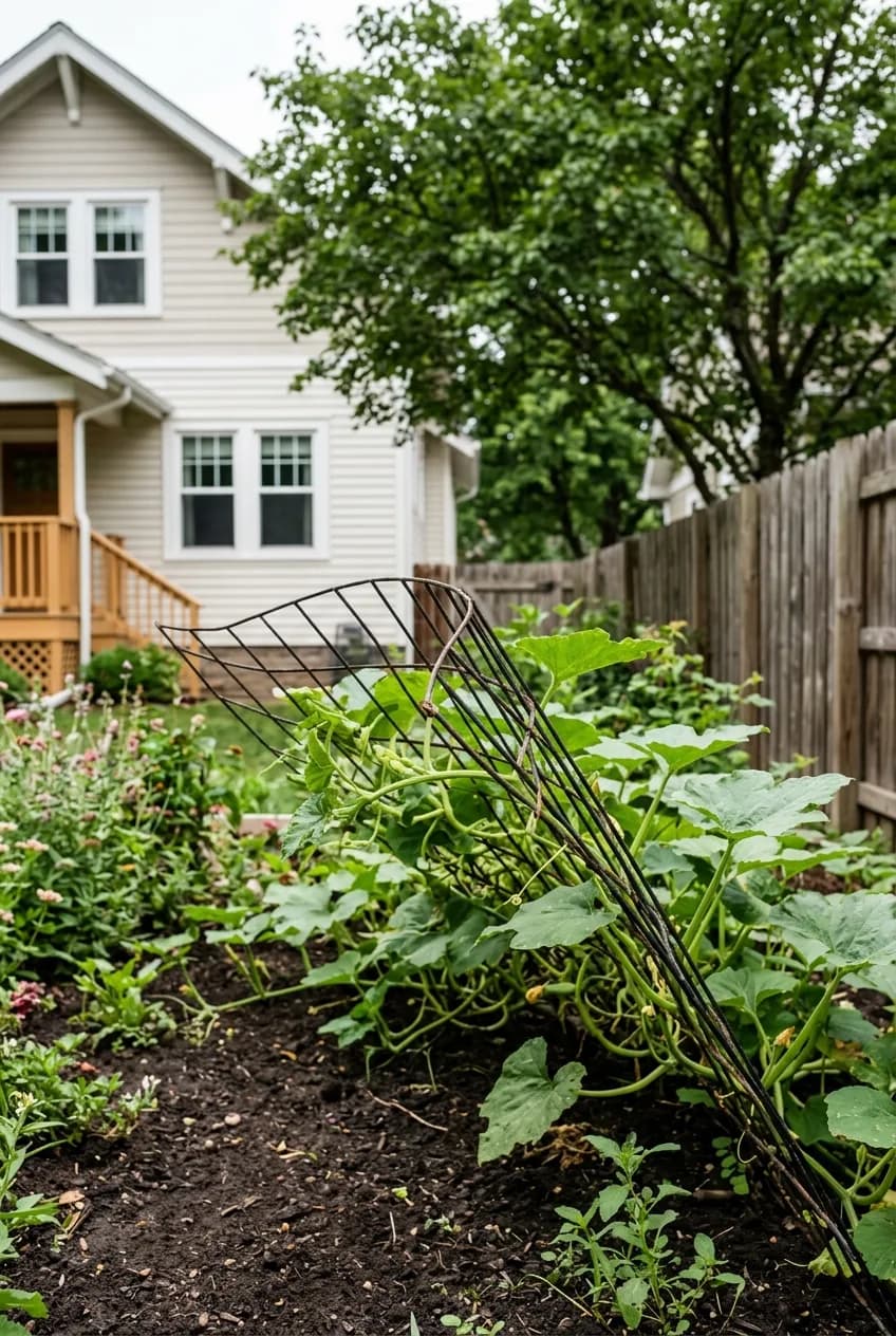 A flimsy store-bought garden trellis bending and failing under the weight of a squash plant, illustrating a lack of sturdiness.