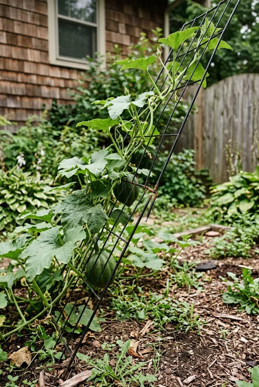 A flimsy store-bought garden trellis bending and failing under the weight of a squash plant, illustrating a lack of sturdiness.