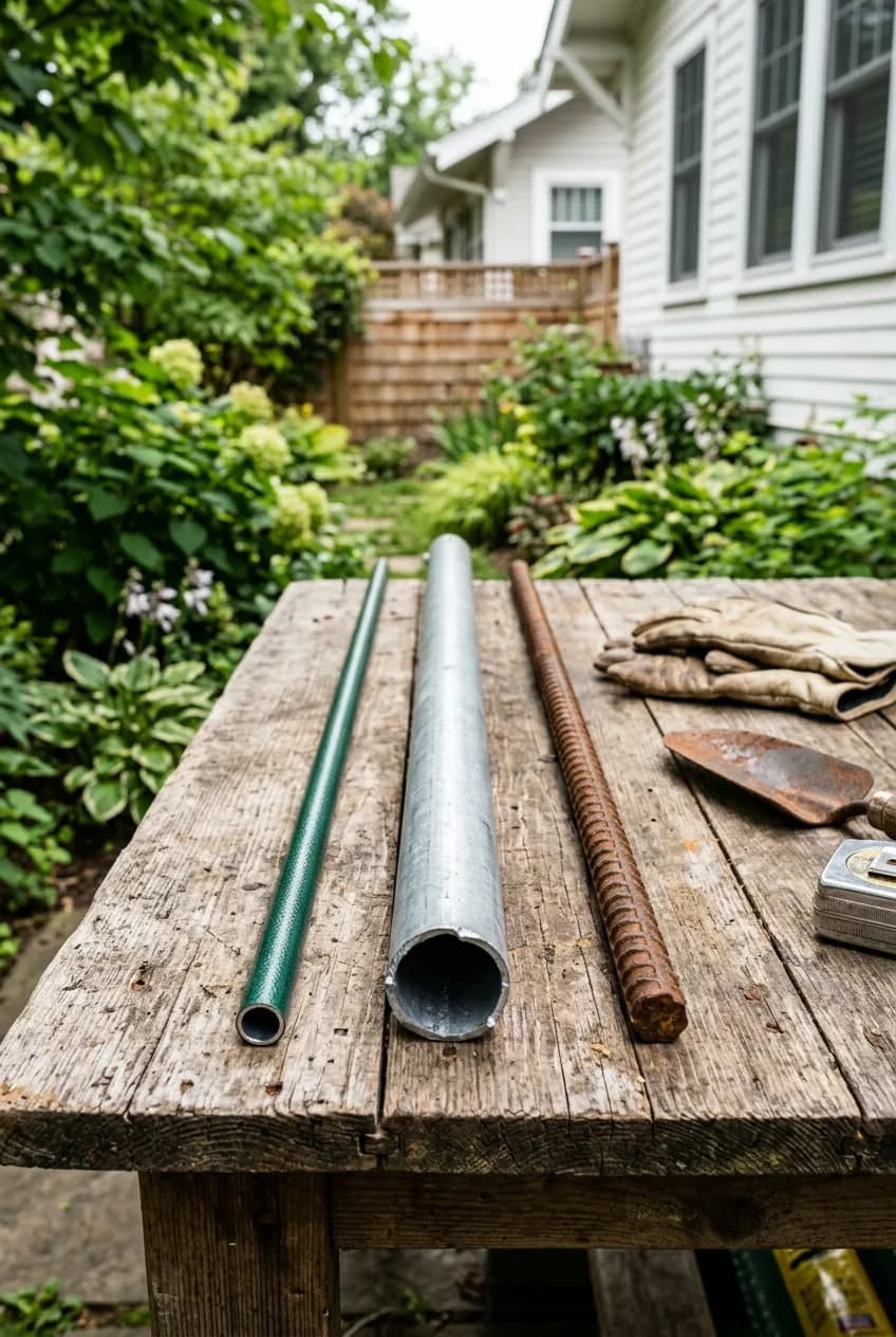 A visual comparison of garden trellis materials, showing thin store-bought tubing next to sturdy DIY options like conduit and rebar.
