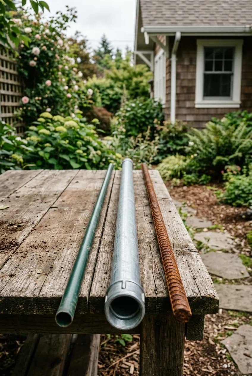 A visual comparison of garden trellis materials, showing thin store-bought tubing next to sturdy DIY options like conduit and rebar.
