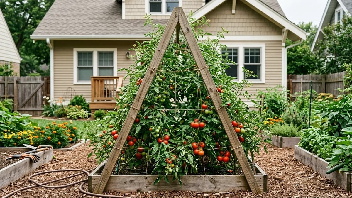 A comparison of store bought vs DIY garden trellis sturdiness, showing a strong DIY wooden trellis supporting heavy tomato plants.