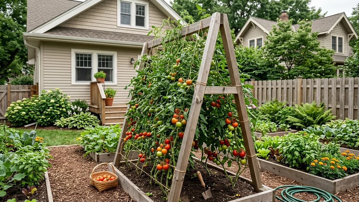 A comparison of store bought vs DIY garden trellis sturdiness, showing a strong DIY wooden trellis supporting heavy tomato plants.