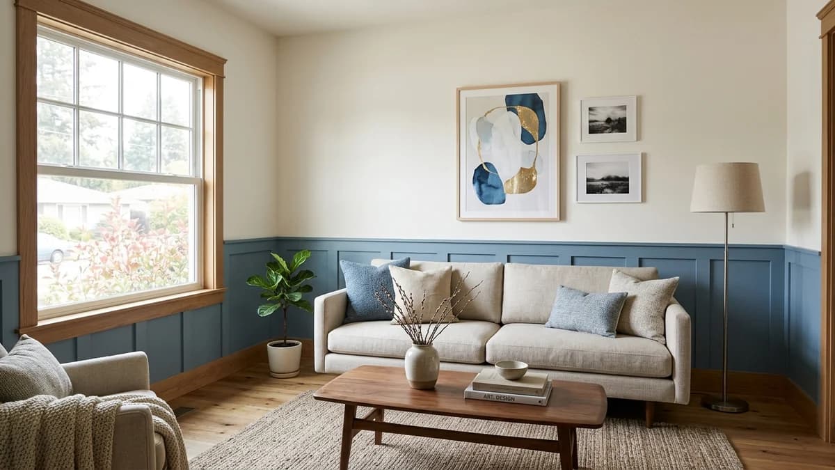 A small living room with two-tone walls in dusty blue and off-white to show how this technique works better than an accent wall for height.