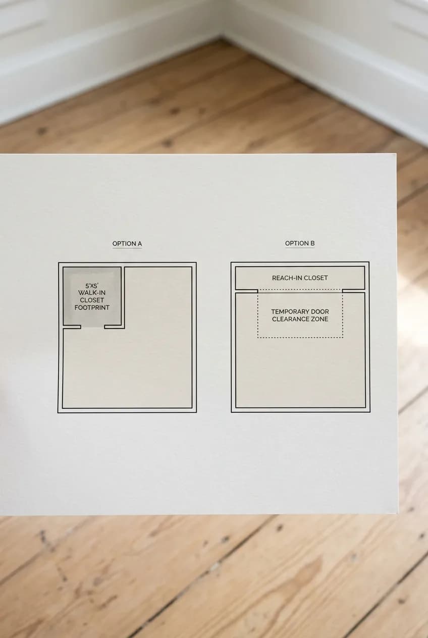 A diagram comparing the floor space used by a walk in closet vs a reach in closet in a small room.