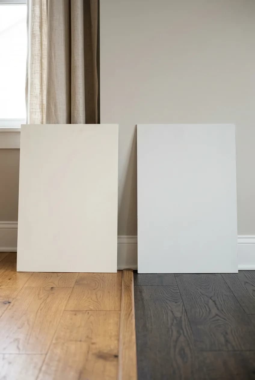 Matching warm vs. cool white paint for a living room with corresponding warm and cool-toned wood flooring.
