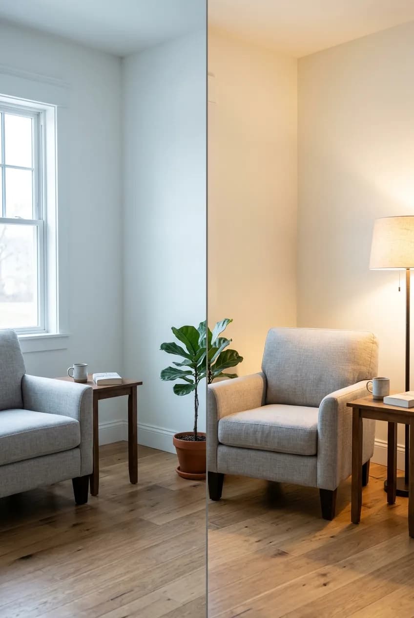 A comparison showing how warm vs cool white paint for a living room changes under cool natural light and warm artificial light.