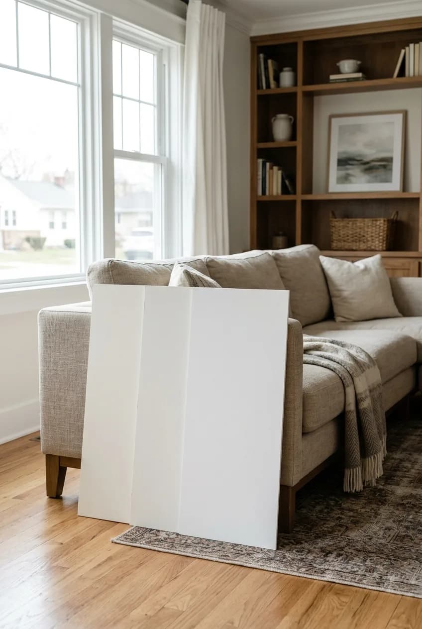 The correct method for testing warm vs cool white paint for a living room, using large sample boards against a sofa.