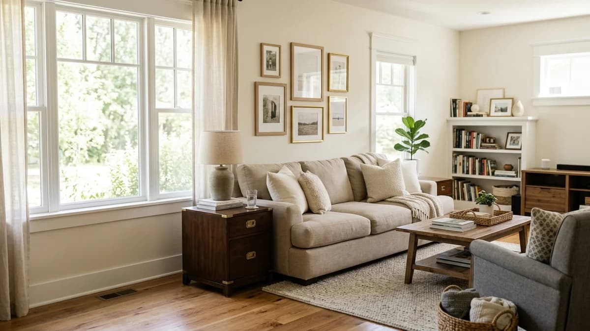 A cozy living room painted with warm white paint, demonstrating how to choose warm vs. cool white paint for a harmonious atmosphere.
