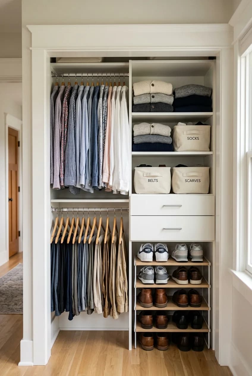 An example of a highly efficient reach-in closet system for a small space, with double-hung rods and modular shelving.